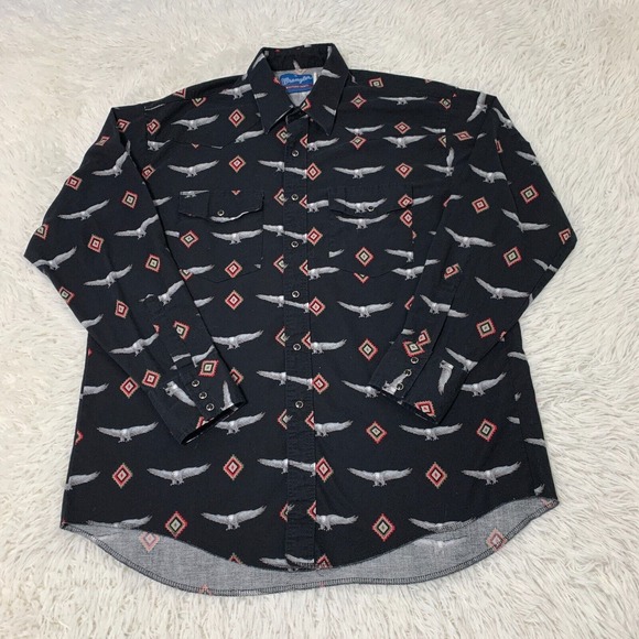 Vintage Wrangler Shirt Men XL Black Pearl Snap Eagle All Over AOP Cowboy Western